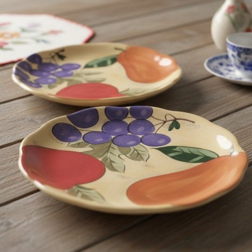 2 Home Trends VERDONA  Salad Plate Fruit Pattern Grapes Pear Apple Hand-painted